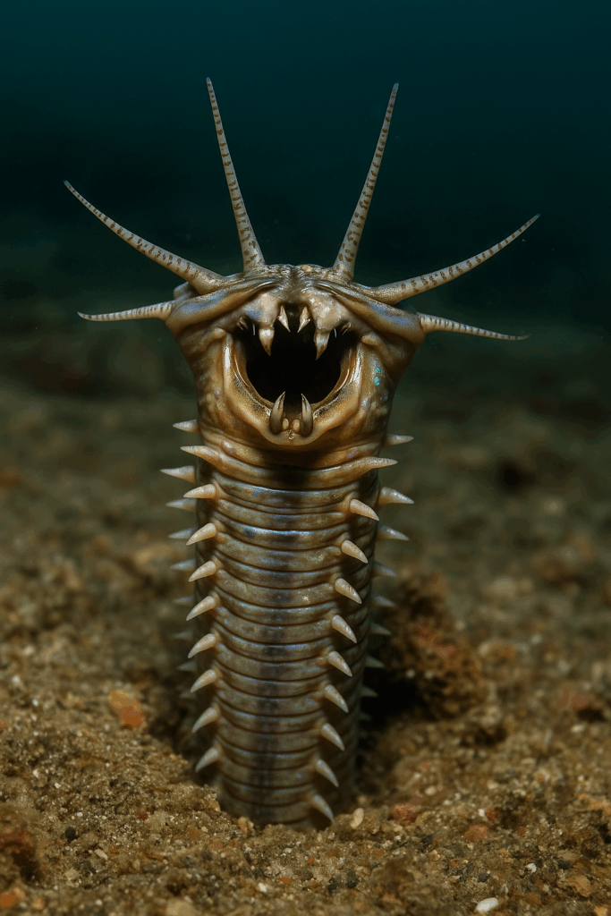 Close-up of a Bobbit worm emerging from the sandy ocean floor with jaws open, ready to ambush prey

