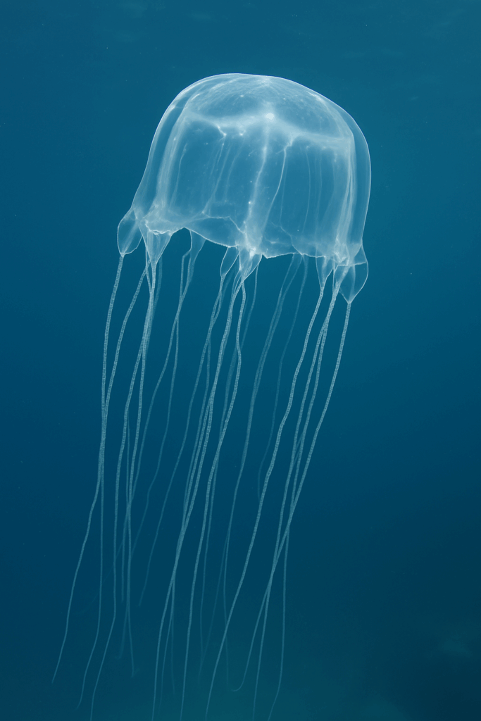 Glowing translucent box jellyfish with long, trailing tentacles drifting in blue tropical waters

