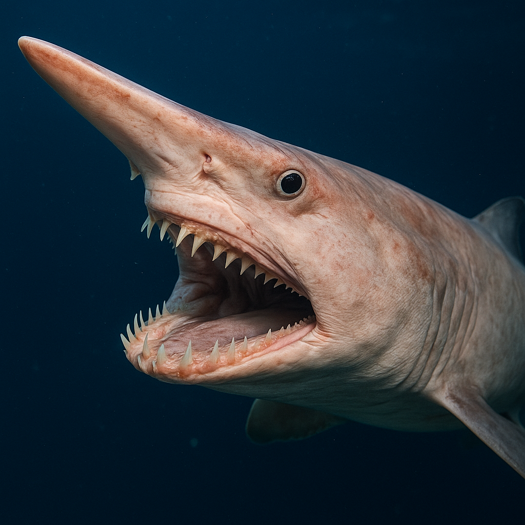 Image of a Goblin shark with protruding jaw and long snout swimming in the deep sea

