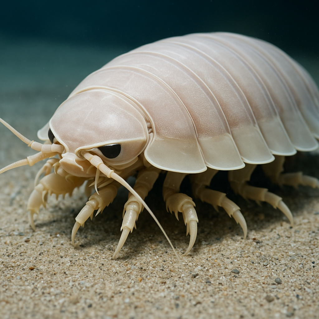 Large, armored giant isopod crawling along the deep ocean floor, resembling an oversized pill bug

