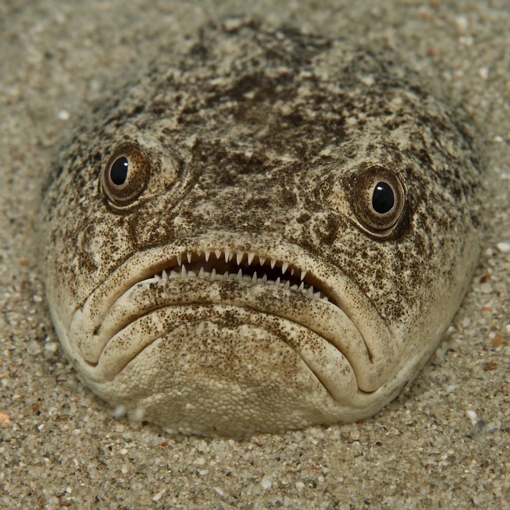 Camouflaged stargazer fish partially buried in sand, eyes facing upward and mouth poised to strike


