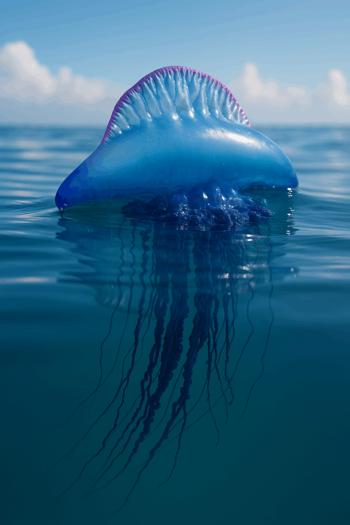 Floating Portuguese Man o’ War with iridescent blue and purple gas-filled bladder and long venomous tentacles


