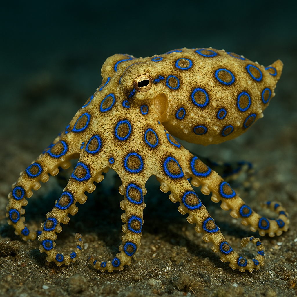 Photo of a small blue-ringed octopus displaying vibrant electric-blue warning rings on its body in shallow water

