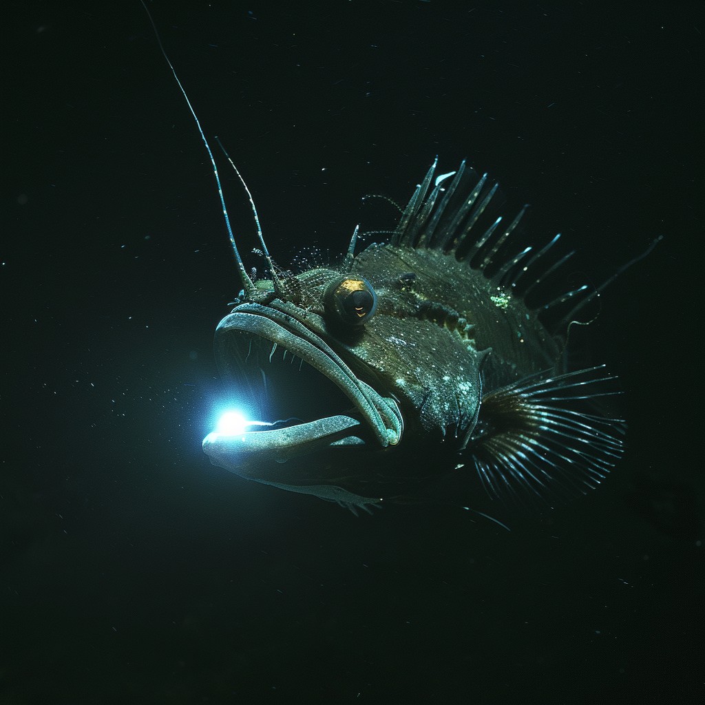 Photorealistic depiction of a female deep-sea anglerfish with bioluminescent lure extended in dark ocean depths


