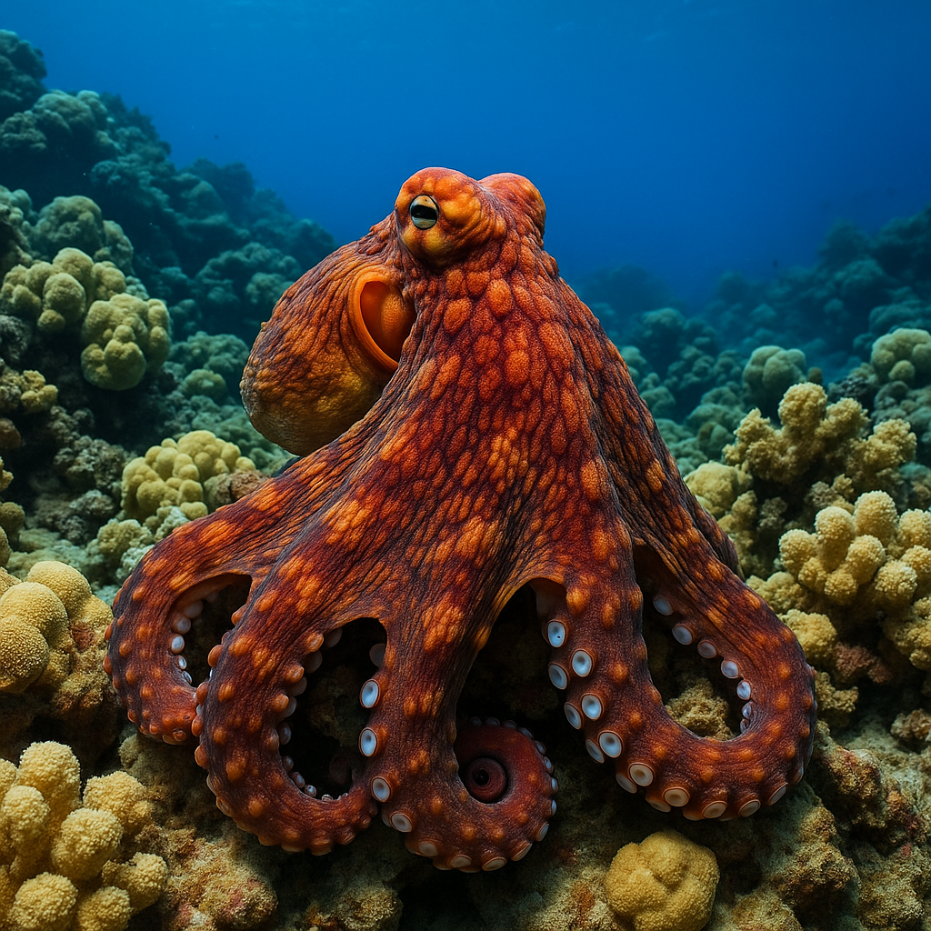 a vibrant day octopus (Octopus cyanea) camouflaged among colorful coral reefs in the crystal-clear waters of Kona, Hawaii – showcasing marine biodiversity and underwater wildlife in natural habitat.