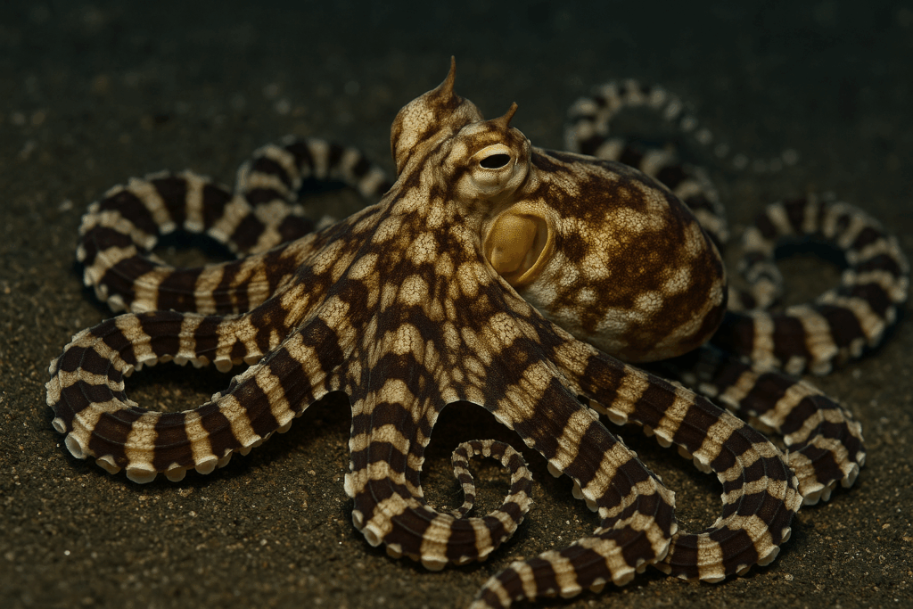 mimic octopus (Thaumoctopus mimicus) displaying remarkable camouflage and mimicry on sandy ocean floor in Lembeh Strait, Indonesia – marine life, underwater wildlife, tropical cephalopod behavior.