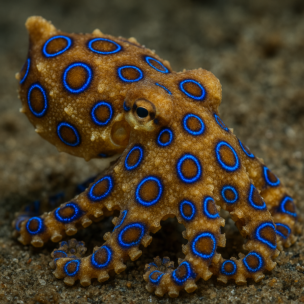 Close-up of a vibrant Blue-ringed octopus (Hapalochlaena) displaying its electric blue rings on sandy seafloor in Anilao, Philippines – a rare, venomous marine species known for its striking warning coloration.

