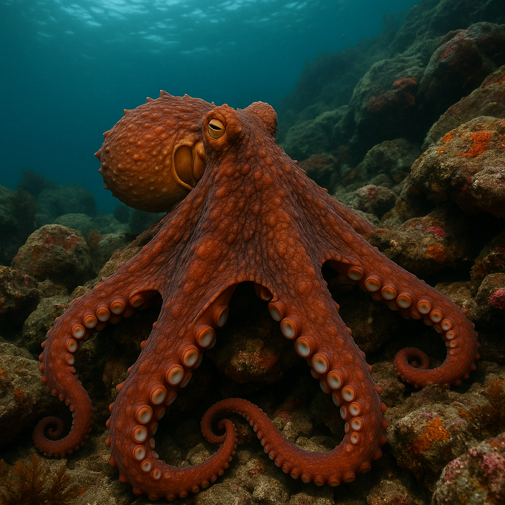 a Giant Pacific Octopus in its natural rocky habitat off Catalina Island, California, with detailed texture, vibrant marine colors, and sunlight filtering through clear ocean water