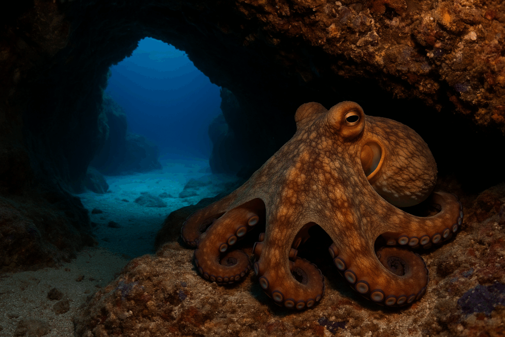 underwater image of a common octopus (Octopus vulgaris) resting in a rocky cave in Gozo, Malta, illuminated by Mediterranean sunlight filtering through clear blue waters, surrounded by marine life and sandy seafloor, ideal evening scuba diving destination.
