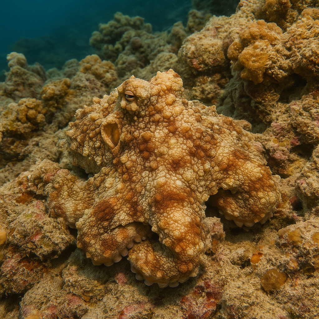 Octopus expertly camouflaged against coral reef, displaying adaptive color and texture changes to match surrounding marine environment.

