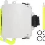 Underwater dive slate with attached pencil and coiled lanyard for underwater communication.