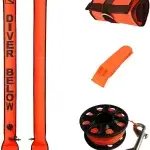 "High-visibility surface marker buoy kit with spool, whistle, and compact storage for safe surfacing.