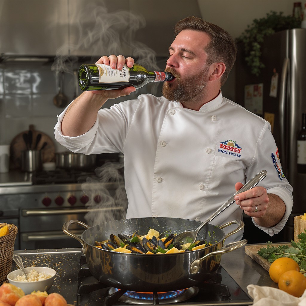 Chef cooking steamed mussels in garlic white wine broth while sipping wine straight from the bottle in a professional kitchen